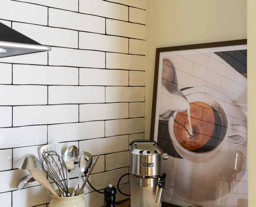 Fully equipped kitchen coffee station with espresso machine in furnished long stay apartment in Ano Petralona, Athens